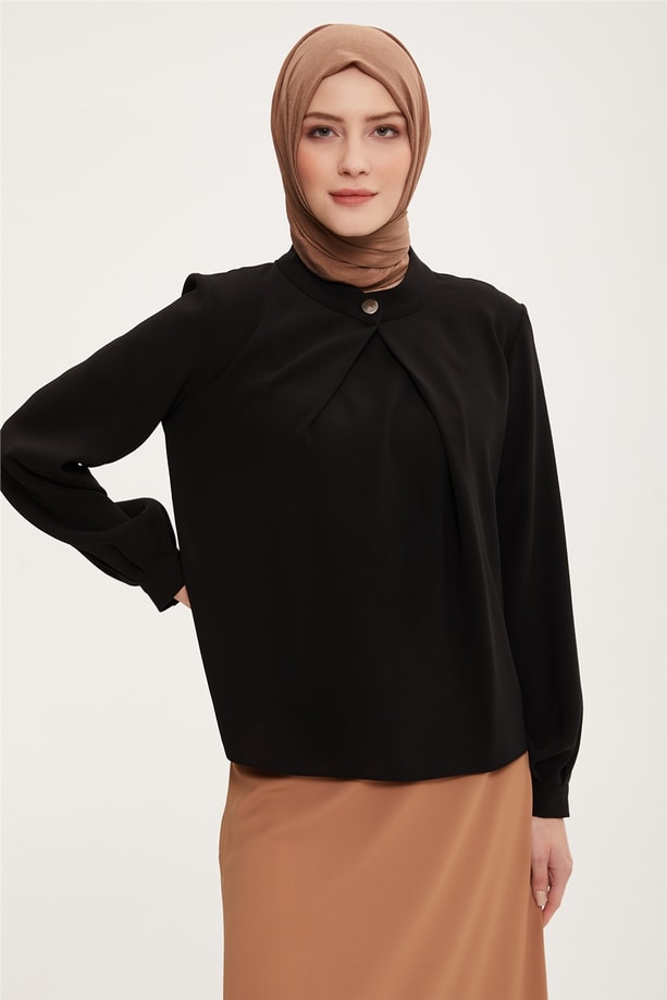 Armine Önü Pileli Bluz 22K3232 Siyah