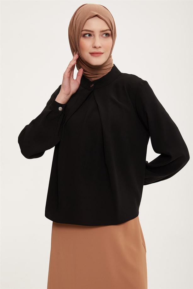 Armine Önü Pileli Bluz 22K3232 Siyah