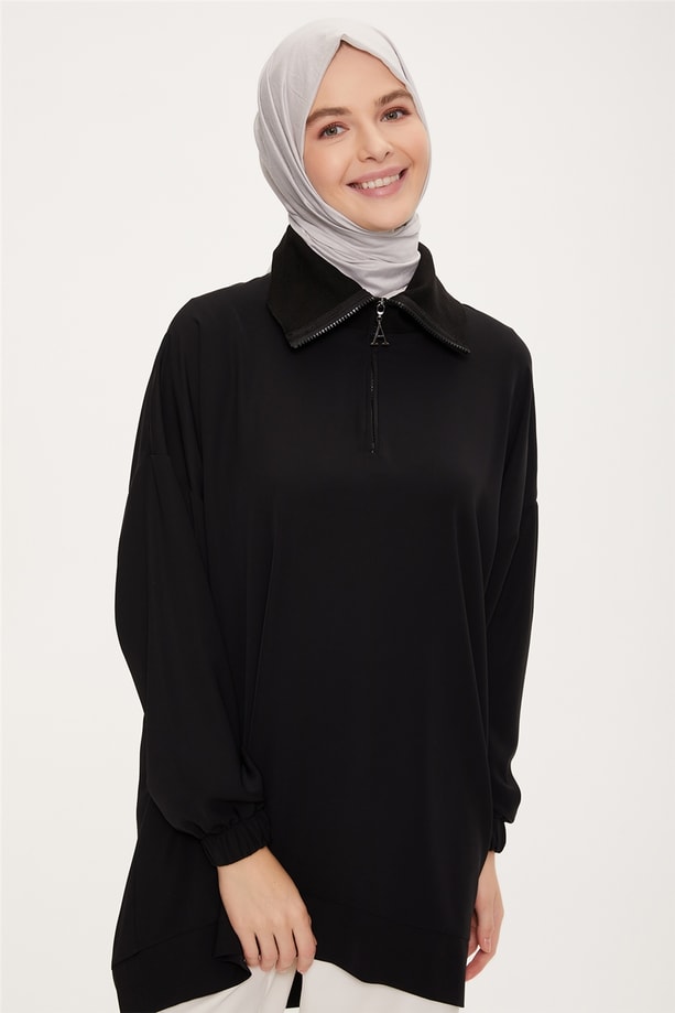 Armine Önü Kemik Fermuarlı Yakası Ribana Detaylı Tunik 22K3207 Siyah