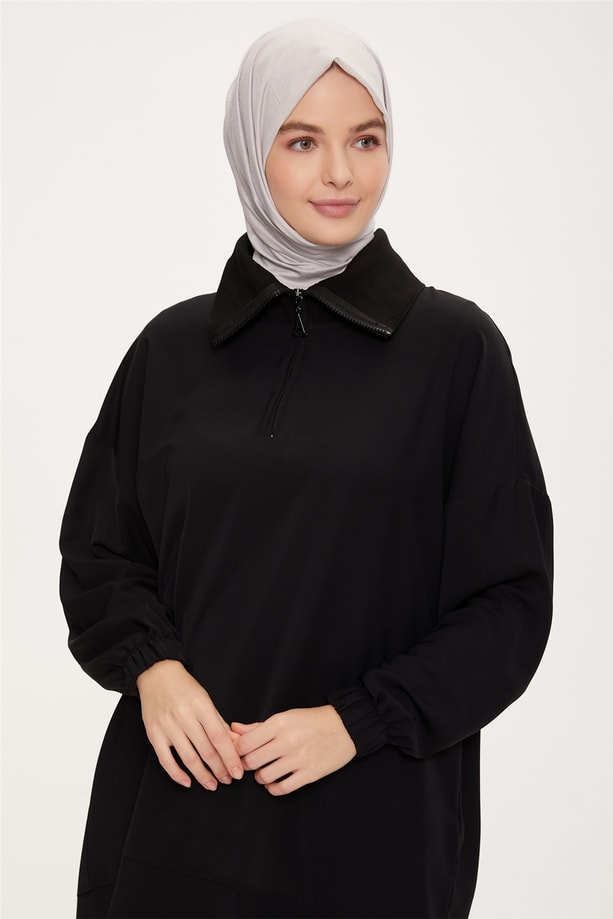 Armine Önü Kemik Fermuarlı Yakası Ribana Detaylı Tunik 22K3207 Siyah