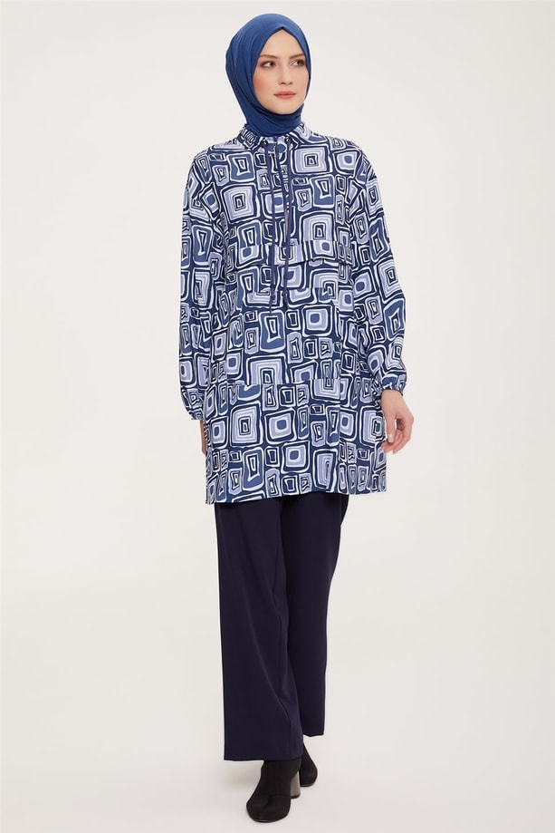 Armine Yarım Fermuarlı Desenli Tunik 22K4131 İndigo