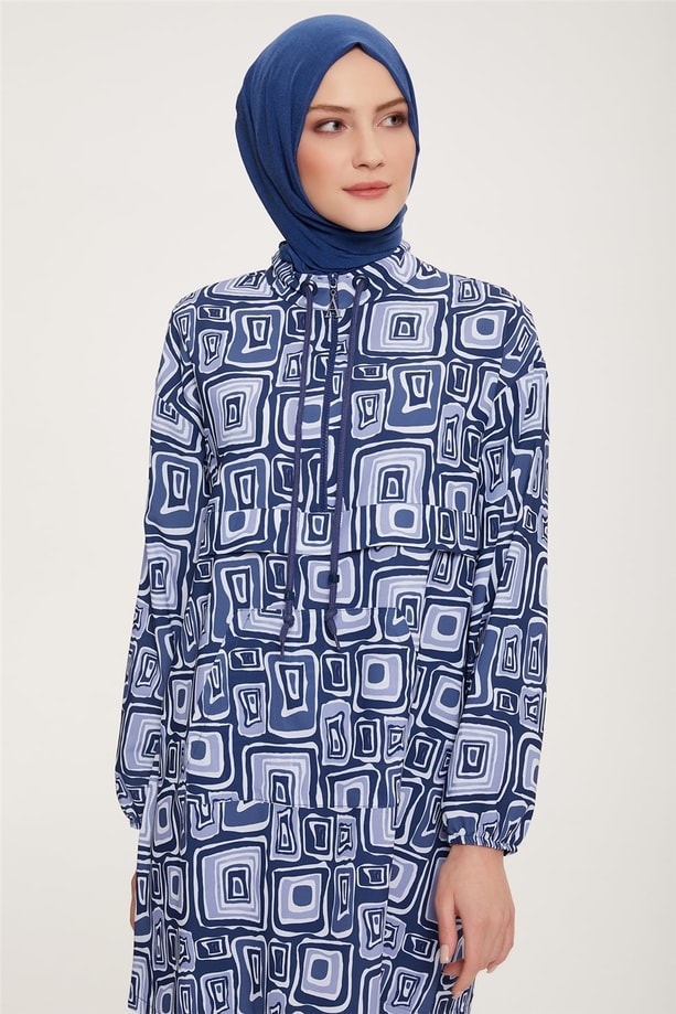 Armine Yarım Fermuarlı Desenli Tunik 22K4131 İndigo
