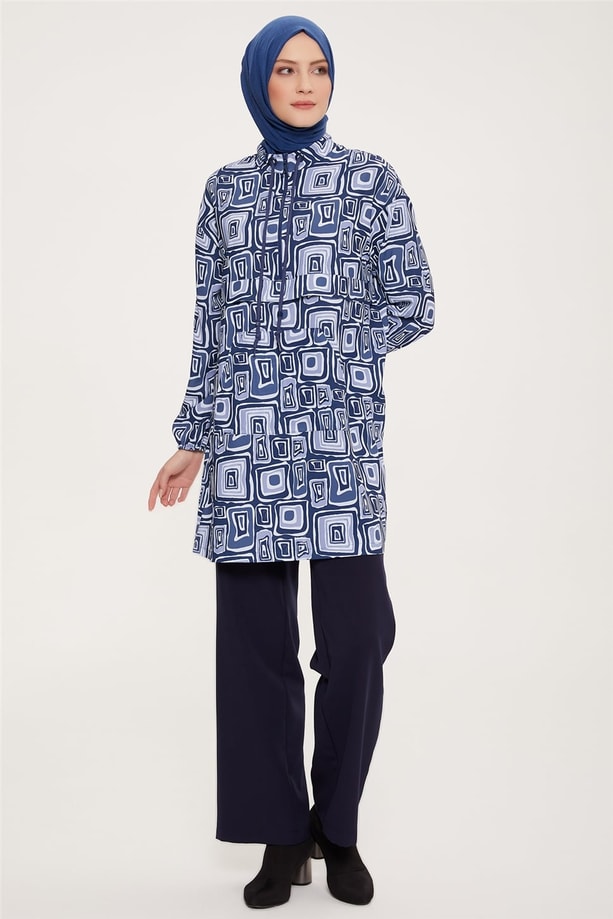 Armine Yarım Fermuarlı Desenli Tunik 22K4131 İndigo