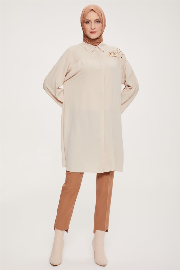 Armine Büzgü Detaylı İşlemeli Tunik 22K4828 Kum