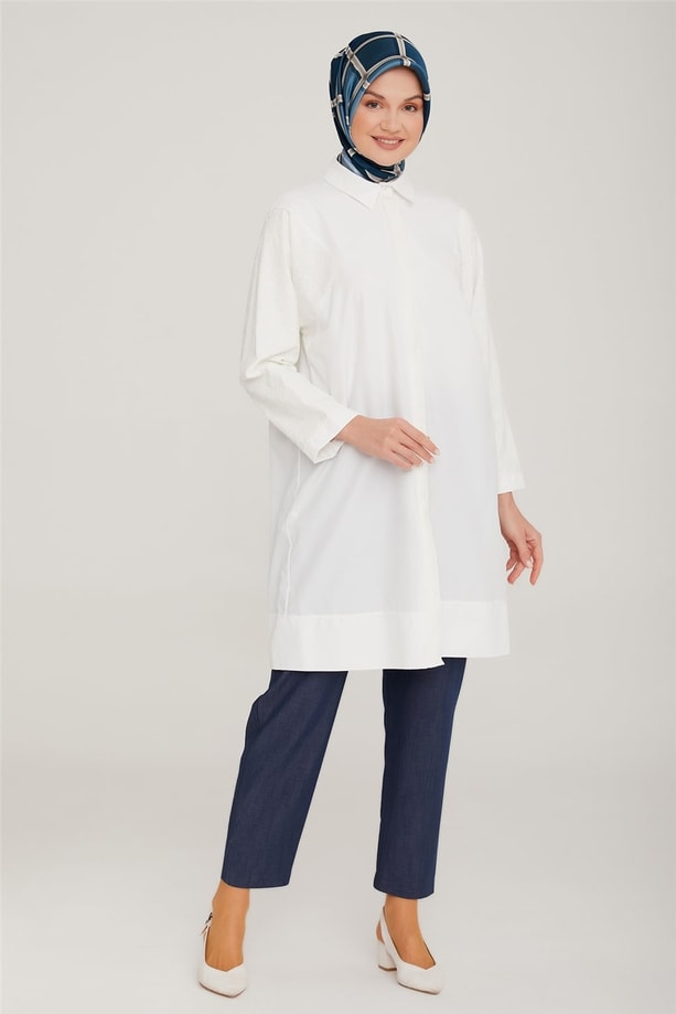 Armine Brode Garnili Pamuk Tunik 22K4839 Ekru