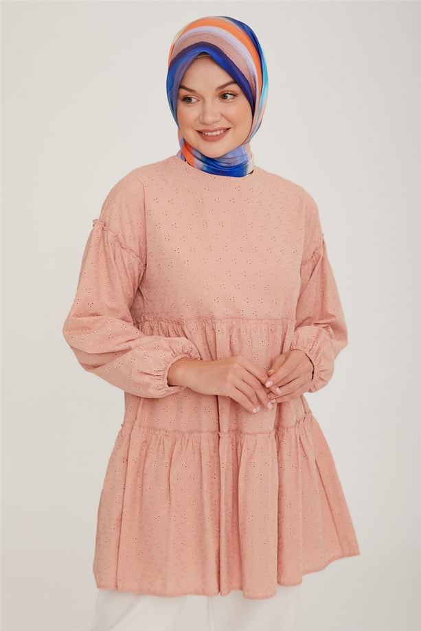 Armine Katlı Brode Tunik 22K4856 Pudra