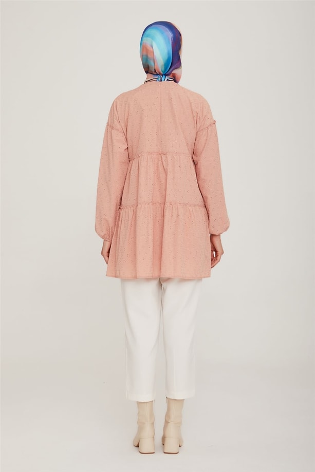 Armine Katlı Brode Tunik 22K4856 Pudra