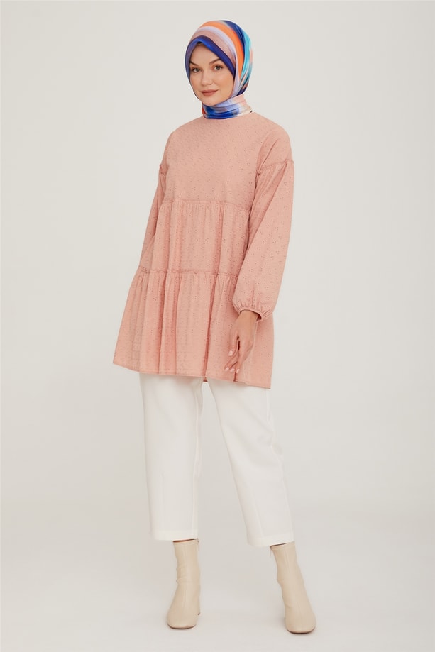 Armine Katlı Brode Tunik 22K4856 Pudra