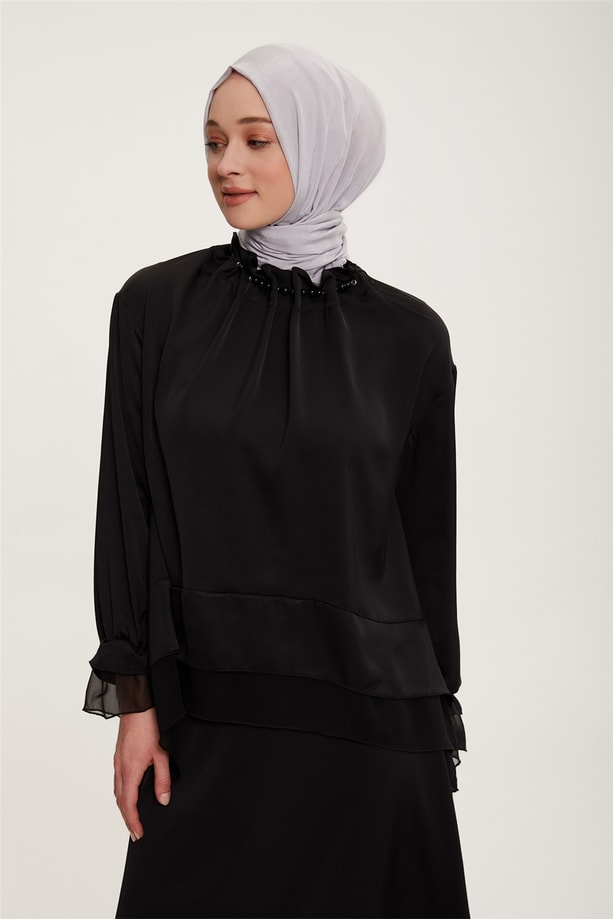 Armine Yakası İncili ve Zincir Detaylı Etekli Takım 22K6512 Siyah