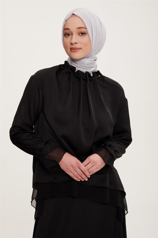 Armine Yakası İncili ve Zincir Detaylı Etekli Takım 22K6512 Siyah