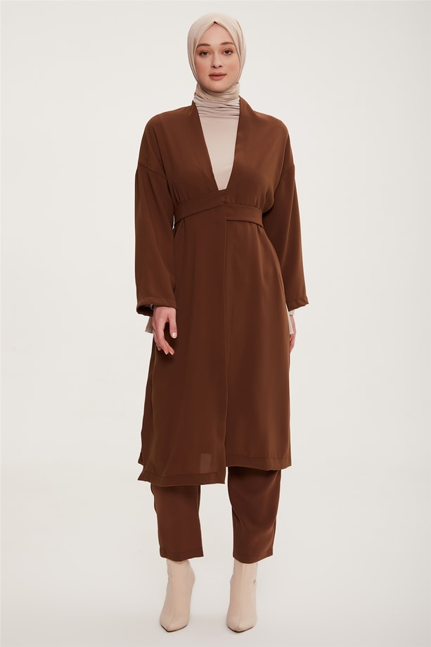 Armine Kimono Hırkalı Üçlü Takım 22K6525 Toprak