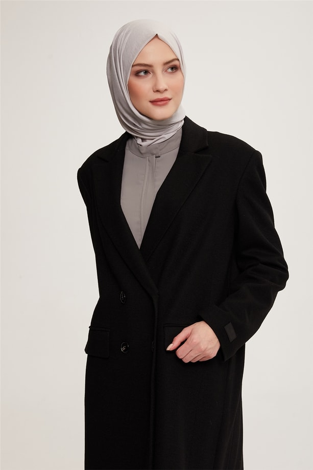 Armine Kruvaze Düğmeli Uzun Kaban 22K7801 Siyah