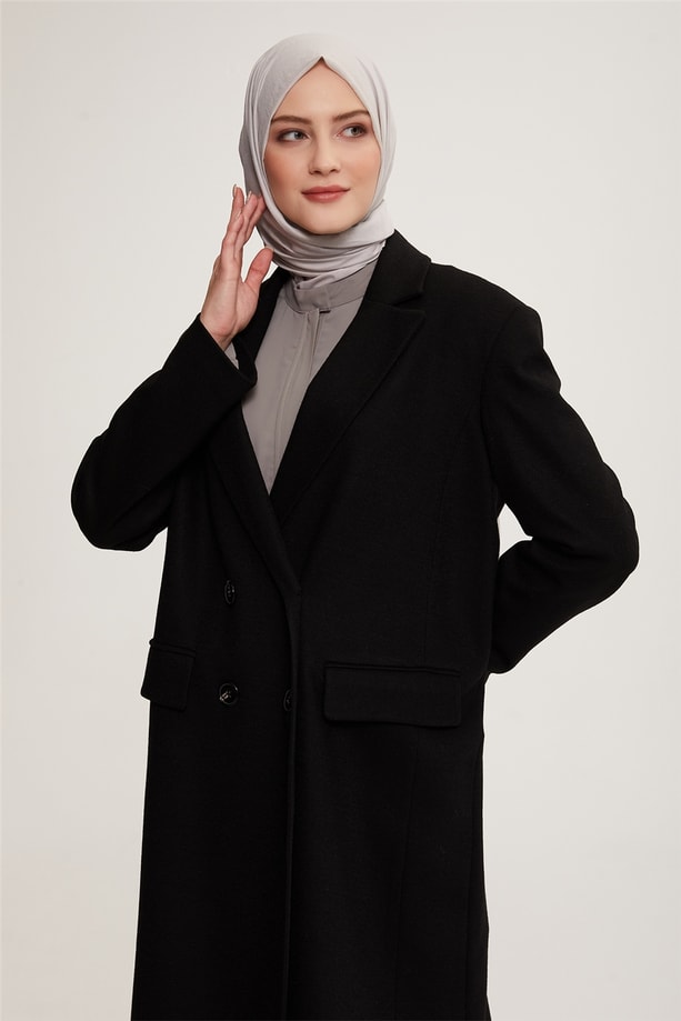 Armine Kruvaze Düğmeli Uzun Kaban 22K7801 Siyah