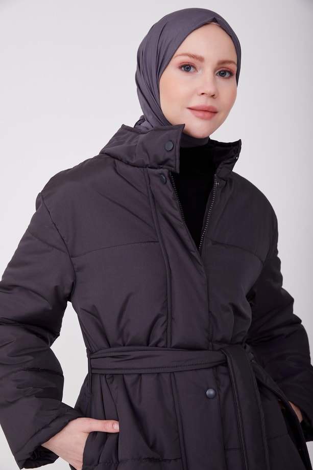 Armine Beli Kuşaklı Şişme Kaban 22K7808 Antrasit