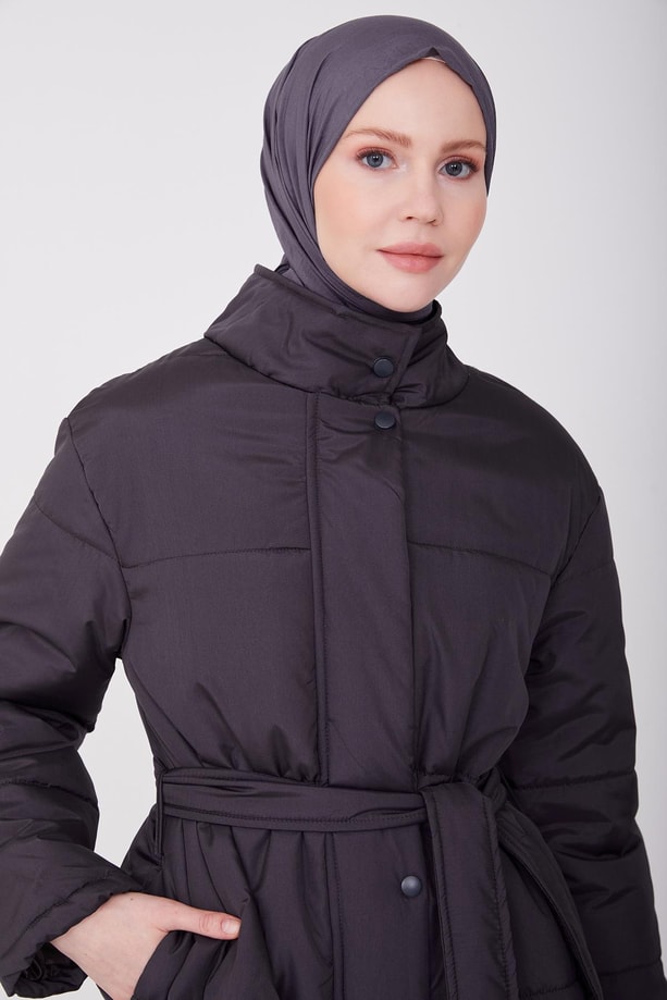 Armine Beli Kuşaklı Şişme Kaban 22K7808 Antrasit