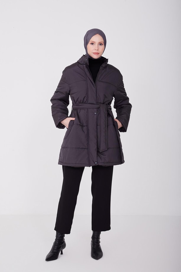 Armine Beli Kuşaklı Şişme Kaban 22K7808 Antrasit