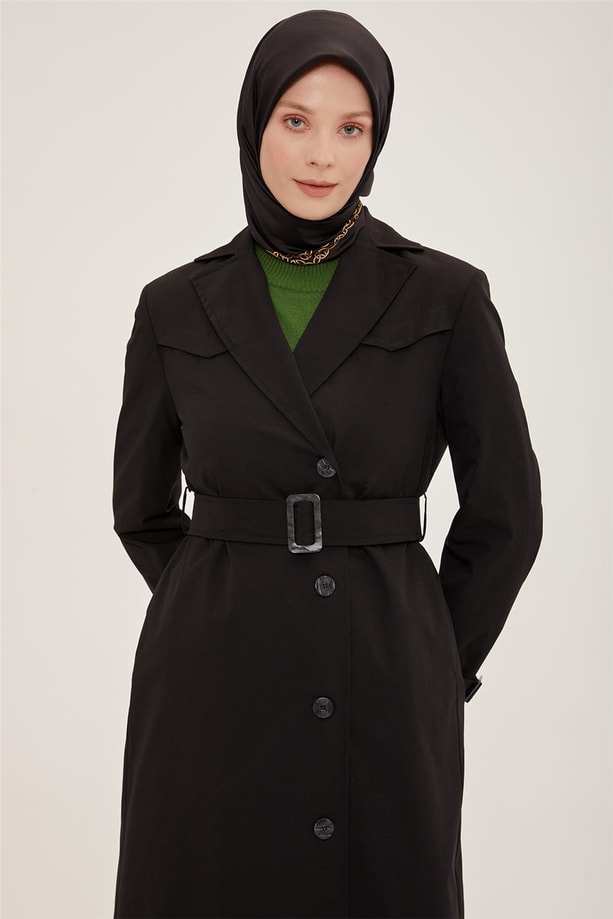 Armine Apolet Detaylı Tam Boy Pardesü 22K8108 Siyah