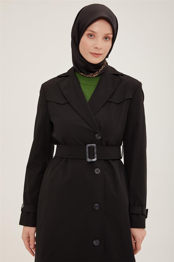 Armine Apolet Detaylı Tam Boy Pardesü 22K8108 Siyah
