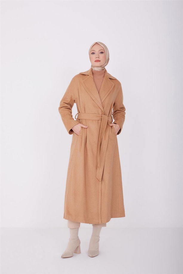 Armine Belden Kuşaklı Kaşe Kaban 22K8207 Bej