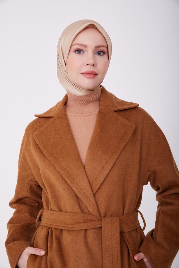 Armine Belden Kuşaklı Kaşe Kaban 22K8207 Camel