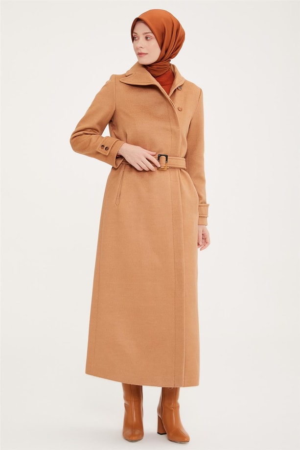 Armine Yaka Kruvazeli Tam Boy Manto 22K8213 Camel