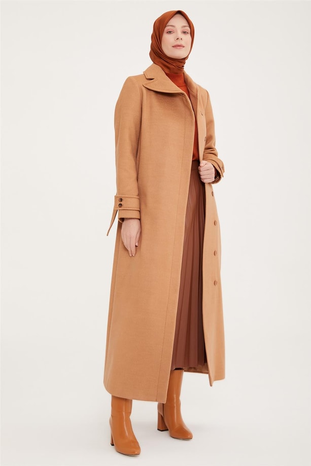 Armine Yaka Kruvazeli Tam Boy Manto 22K8213 Camel