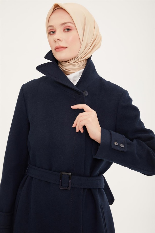 Armine Yaka Kruvazeli Tam Boy Manto 22K8213 Lacivert