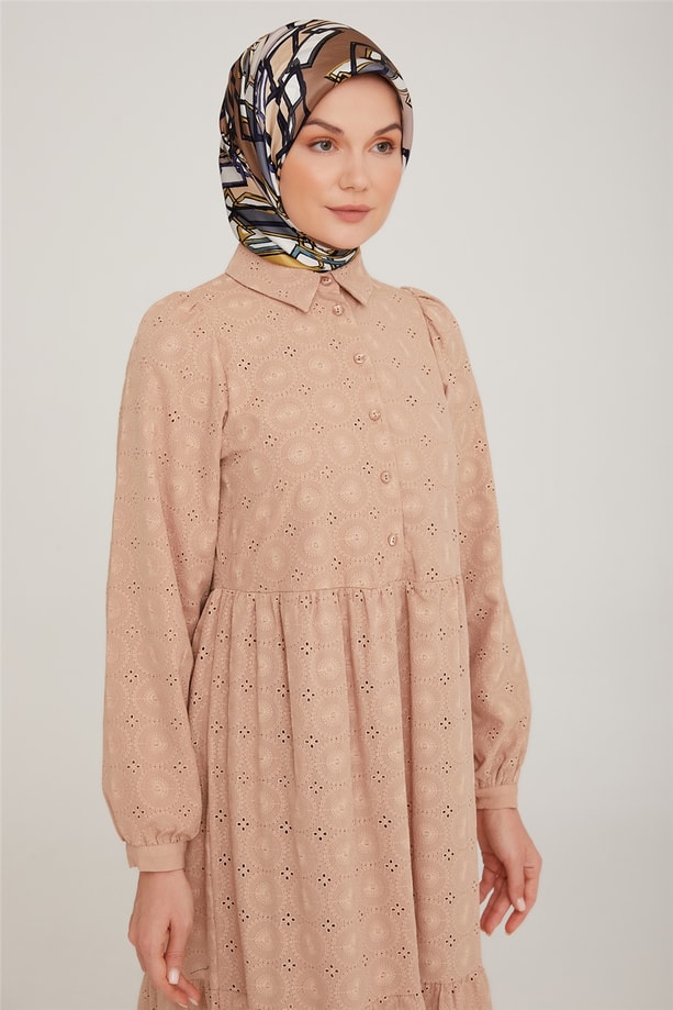 Armine Brode Beyaz Elbise 22K9451 Camel