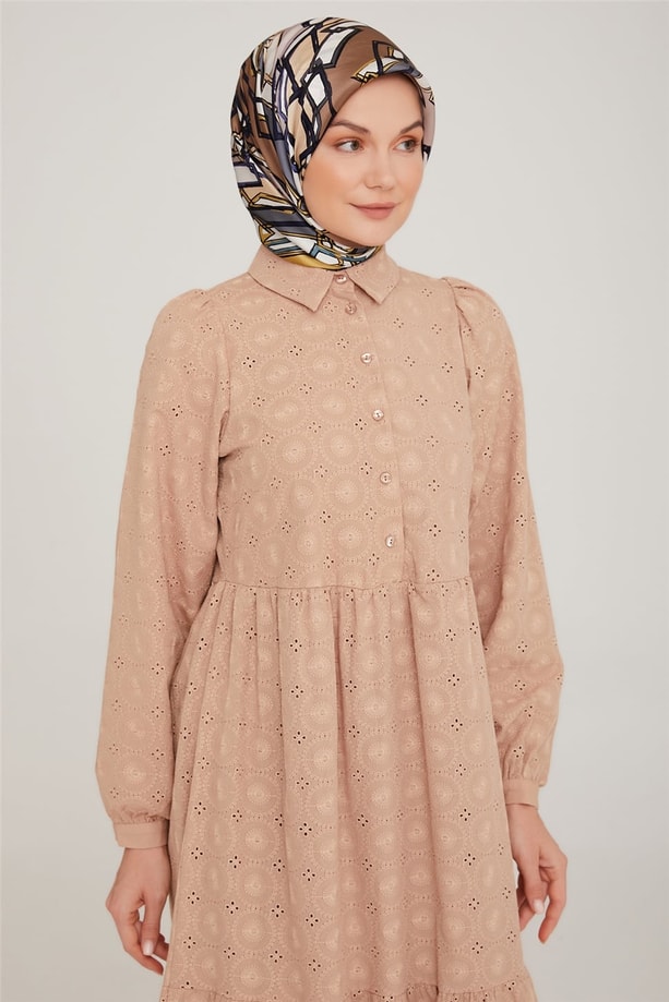 Armine Brode Beyaz Elbise 22K9451 Camel