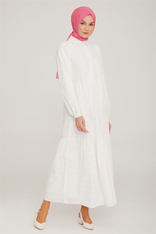 Armine Brode Beyaz Elbise 22K9451 Ekru