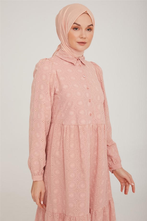 Armine Brode Beyaz Elbise 22K9451 Pudra