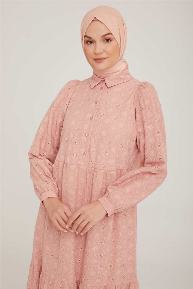 Armine Brode Beyaz Elbise 22K9451 Pudra