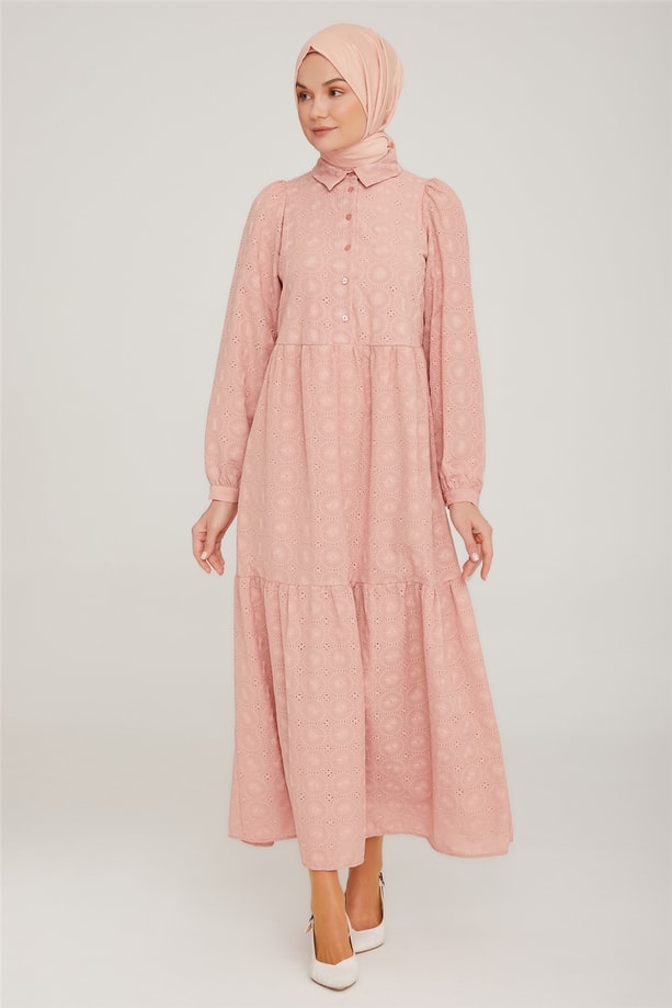 Armine Brode Beyaz Elbise 22K9451 Pudra