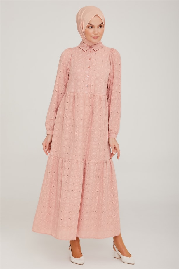 Armine Brode Beyaz Elbise 22K9451 Pudra