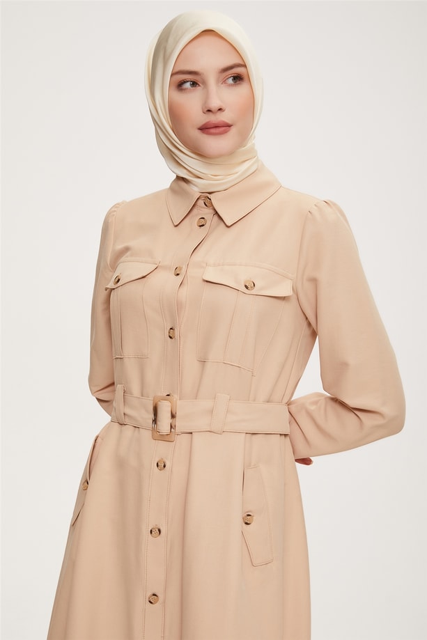Armine Düğme ve cep Detaylı Pamuk Gabardin Elbise 22K9504 Kum
