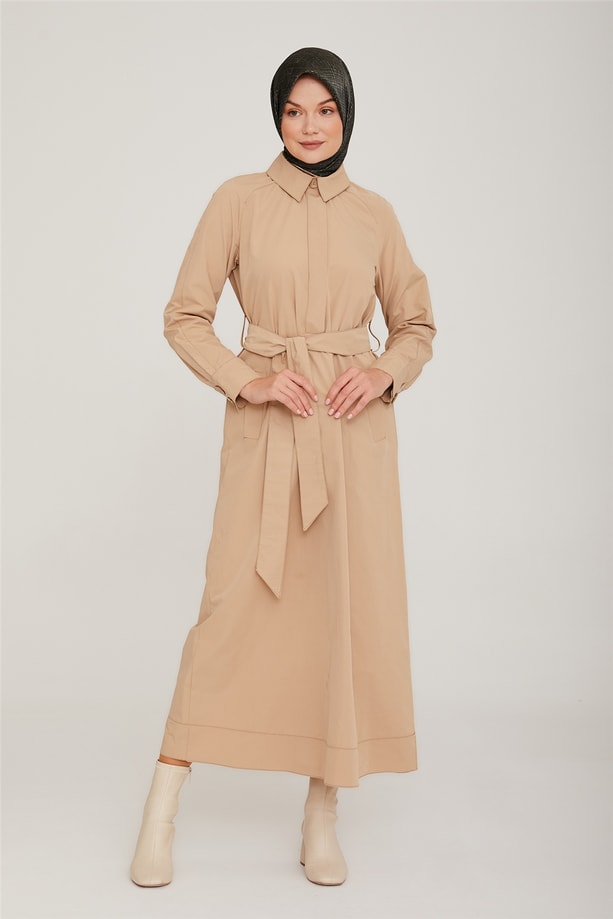 Armine Reglan Kollu Beli Kemer Detaylı Elbise 22K9510 Bej