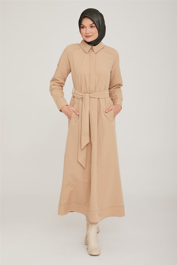 Armine Reglan Kollu Beli Kemer Detaylı Elbise 22K9510 Bej