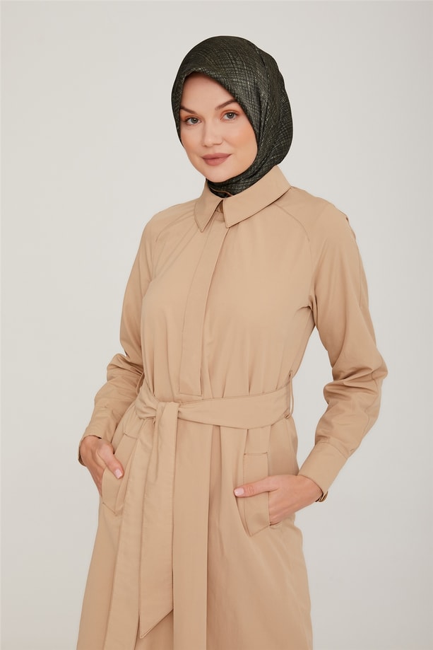 Armine Reglan Kollu Beli Kemer Detaylı Elbise 22K9510 Bej