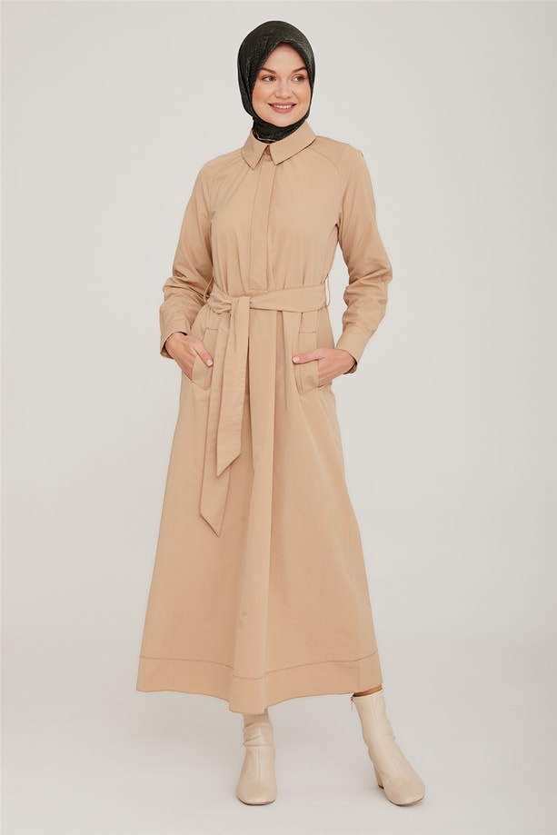 Armine Reglan Kollu Beli Kemer Detaylı Elbise 22K9510 Bej