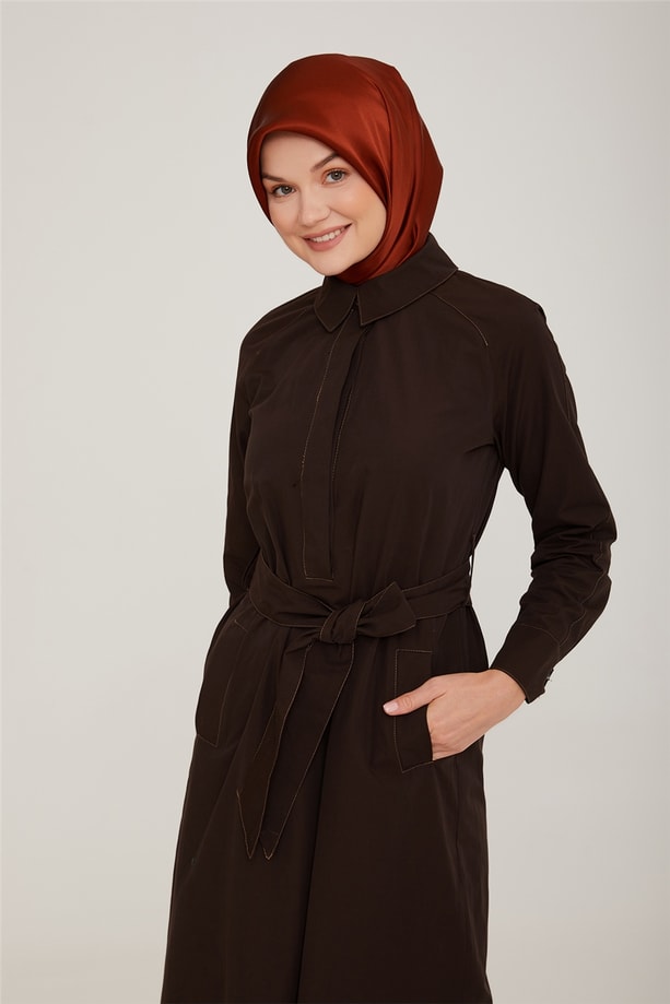Armine Reglan Kollu Beli Kemer Detaylı Elbise 22K9510 Kahverengi