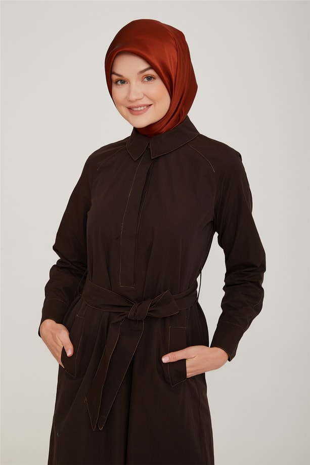 Armine Reglan Kollu Beli Kemer Detaylı Elbise 22K9510 Kahverengi