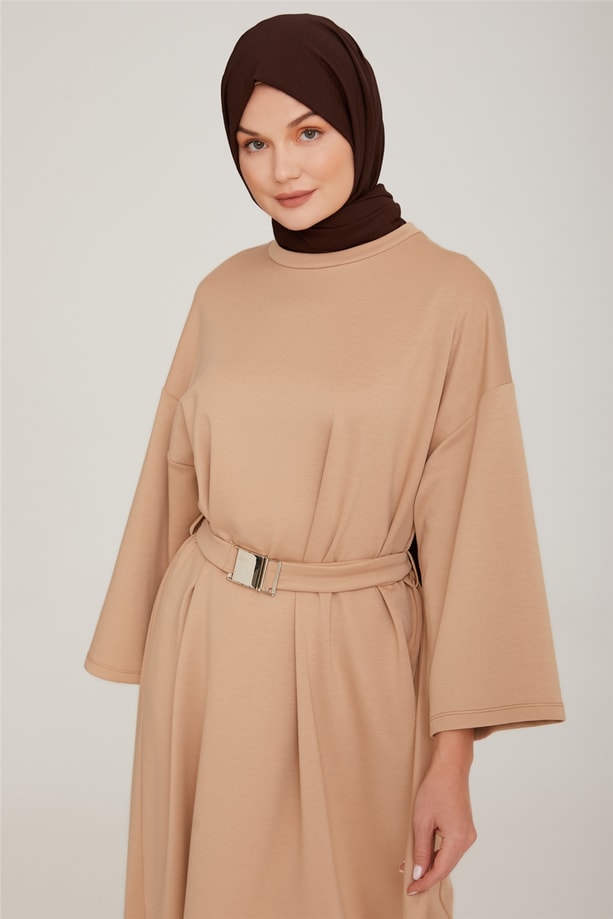Armine OVersize Seyyar Palaska Kemerli Modal Elbise 22K9514 Badem
