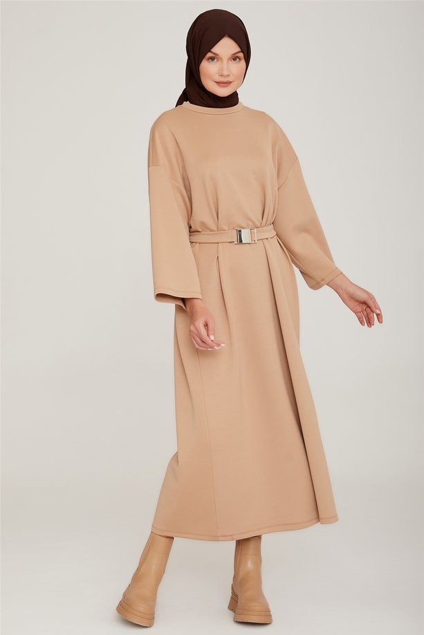Armine OVersize Seyyar Palaska Kemerli Modal Elbise 22K9514 Badem