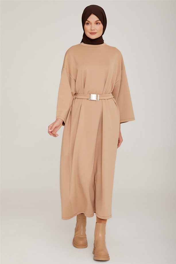 Armine OVersize Seyyar Palaska Kemerli Modal Elbise 22K9514 Badem