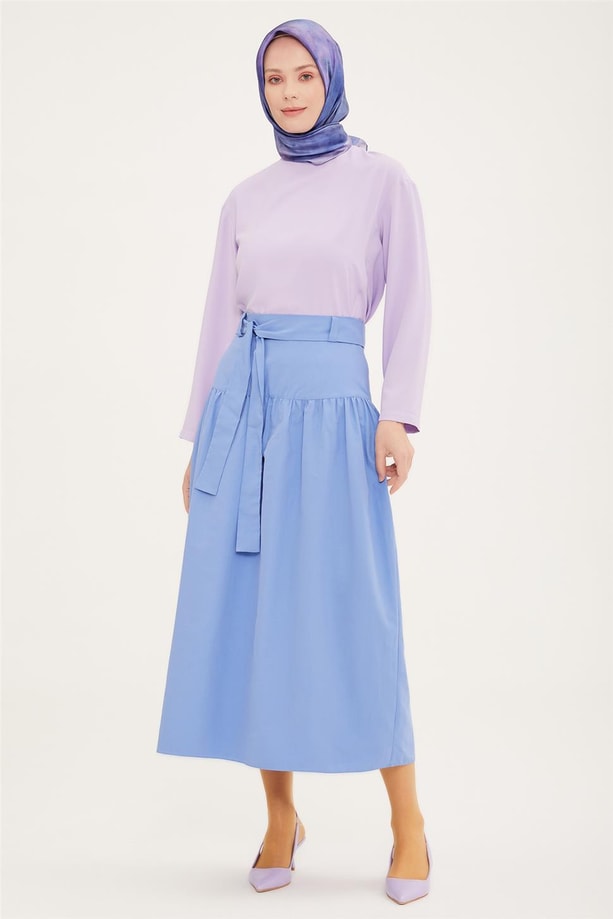 Armine Büzgülü Kuşaklı Etek 22Y1233 Mavi
