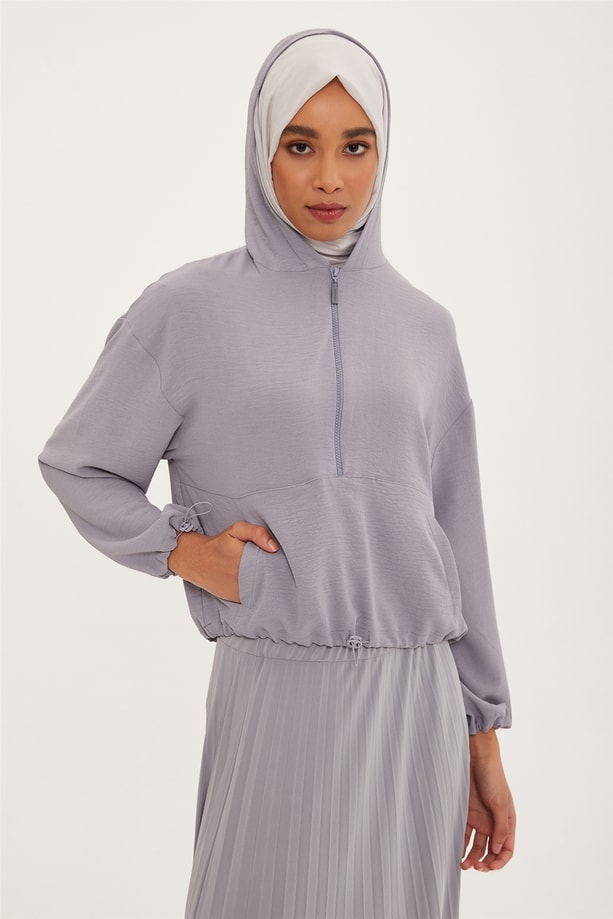 Armine Beli Ve Kolları Büzülebilen Kısa Sweatshırt 22Y3119 Gri