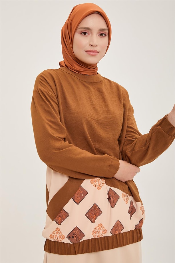 Armine Ucu Lastikli Desen Garnili Bluz 22Y3135 Toprak