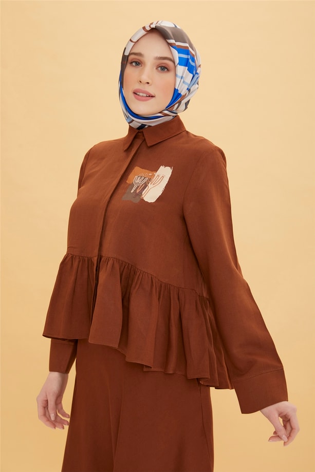 Armine Nakışlı Viskon Keten Etekli Takım 22Y6403 Acı Kahve