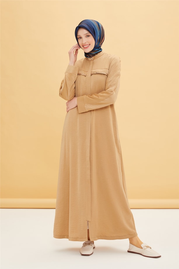 Armine Taş Detaylı Ferace 22Y8803 Camel