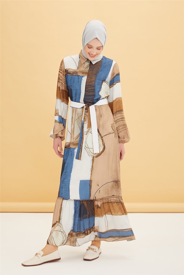 Armine Fırfırlı Ve Desenli Elbise 22Y9403 İndigo